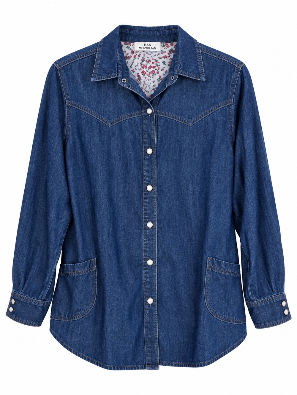 Han Meizhilian Womens Denim Pearl Snap Button Front Western Shirt Medium